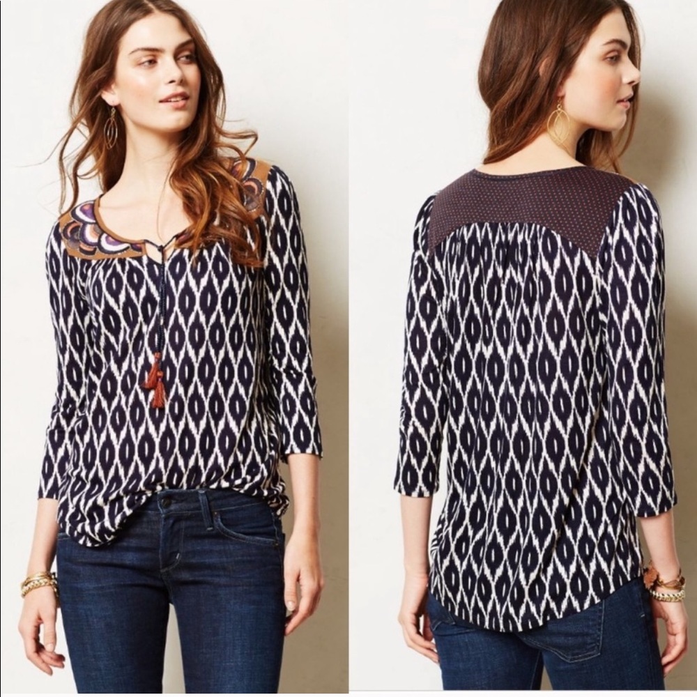 A COMMON THREAD Ikat Embroidered Peasant Top XS